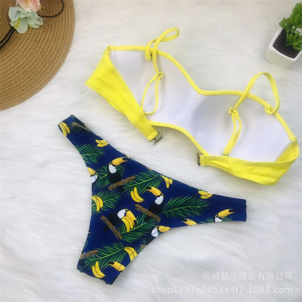 Bikinis Push up Sexy 2019 Neon Female Bikini Adjustable Thin Strap Top With Tropical Flounce Panty Women Swimwear 5 Color Style 13