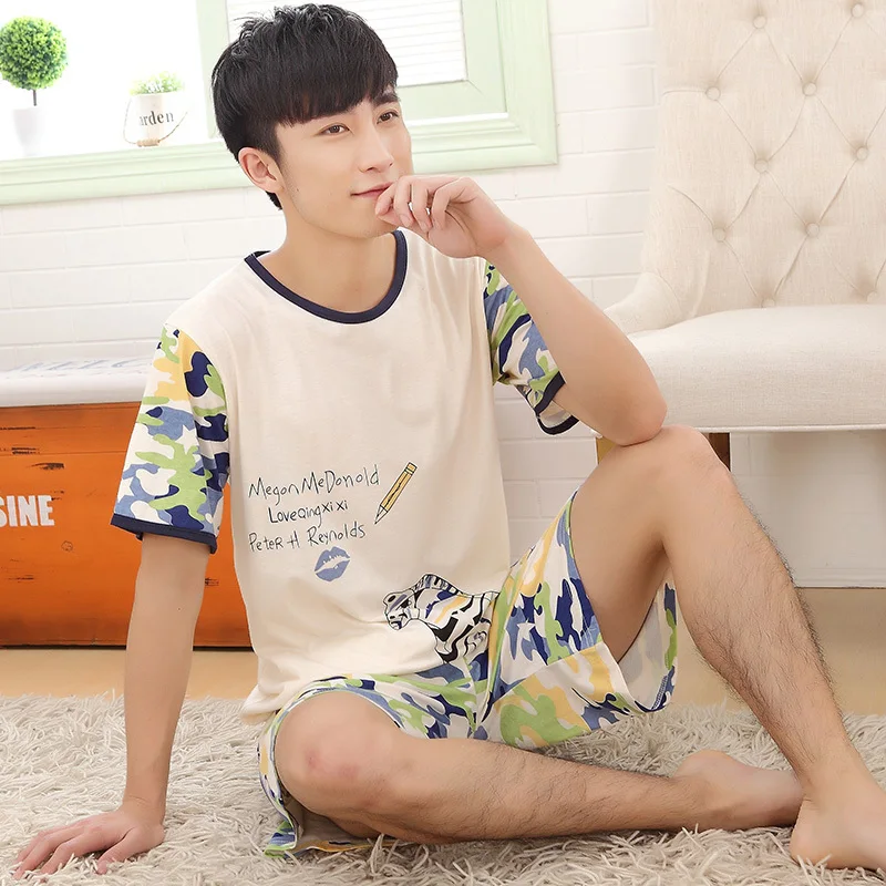 Men pajama Летний мужской пижамный комплект, Хлопковая полосатая рубашка для сна и шорты, костюм, пижамы с принтом букв домашняя пижама, повседневный комплект из двух предметов, XXXL - Цвет: Men pajama