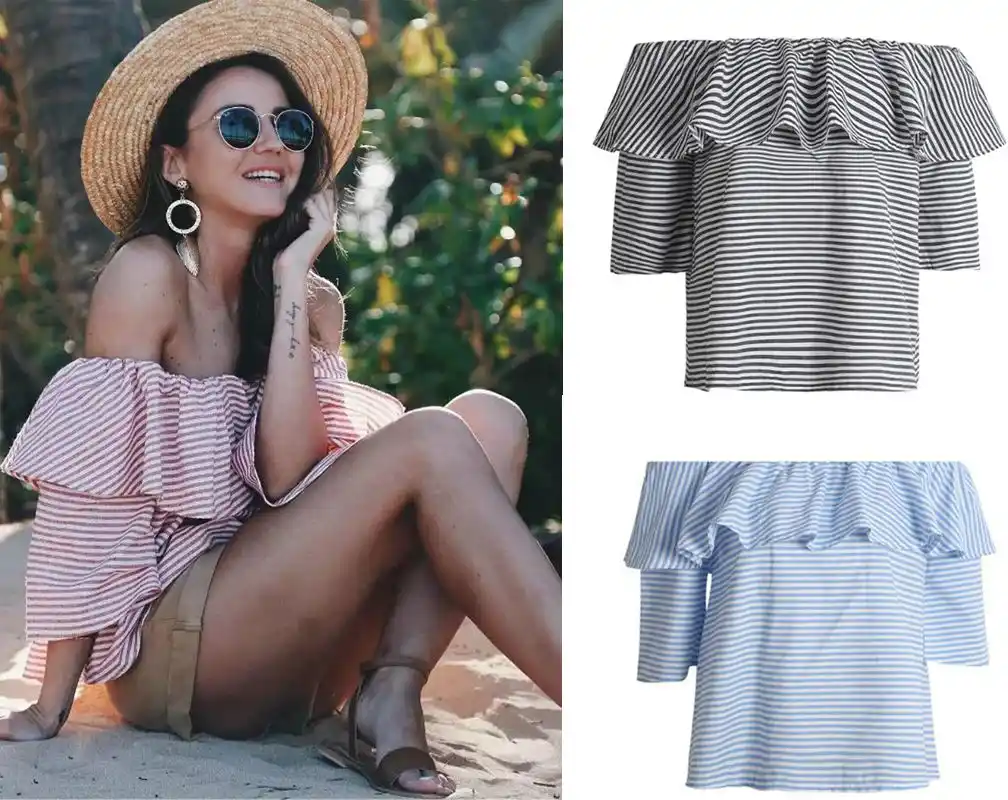 بلوزات مثيرة بدون أكتاف موضة 2017 قميص صيفي بدون أكمام للسيدات قميص ناعم غير رسمي بدون أكمام قميص مخطط الأزياء البلوزات بلوزة الأزياءقبالة الكتف بلوزة Aliexpress