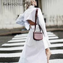 Twotwinstyle нерегулярные платье с открытой спиной для Для женщин весна полосатый оборками patchwoork на шнуровке Высокая талия платья с длинным рукавом Мода