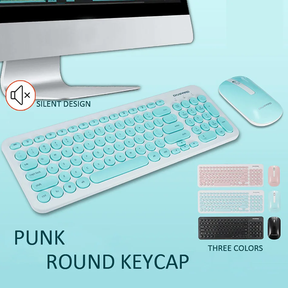 

2.4GHz Wireless Keyboard and Mouse Combo Round Key Set Smart Power-saving Slim Combo Keyboard Mice for Laptop Computer