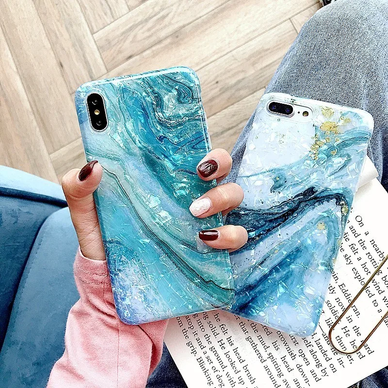 

Marble Phone Cases For iphone 8 plus cases XR XS MAX 6 7 Plus X Glitter Bling Conch Shell pattern Protector Back Soft TPU Cover