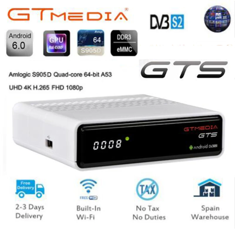 Смарт ТВ-приставка GTmedia GTS Android 6 0 Amlogic S905D Combo DVB-S2 спутниковый приемник 2G/8GB BT4.0 |