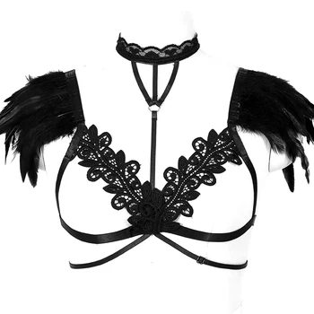 

Feather Epaulette Shoulder Angel Wings Harness Lace Bra Bondage Chest Hollow Out Lingerie Crop Tops Festival Dance Rave Wear
