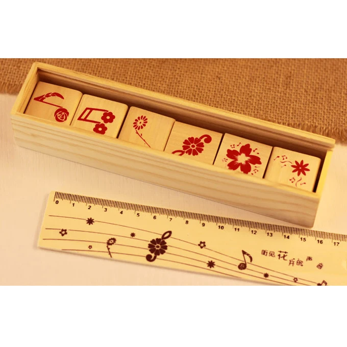 

Creative Musical Flower DIY Wood Stamp Multifunctional Vintage Wood Rubber Stamp Pencil Box Ruler Student Stationery 6pcs SK782