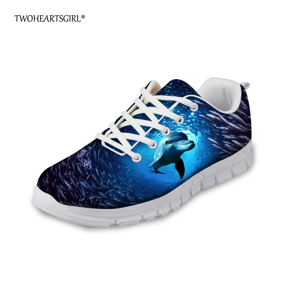 

Twoheartsgirl Women Sneakers Tropical Ocean Style Dolphin Pattern Mesh Flats Casual Lace Up Walking Shoes for Women Female Flats