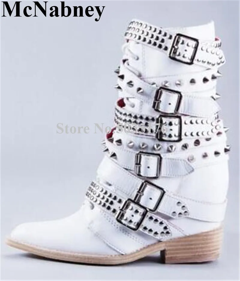 

2019 European New Rhinestone Rivet Pointed Toe Height Increasing Lace-Up Cross-tied Short Boots Buckle Spring/Autumn Women Shoes