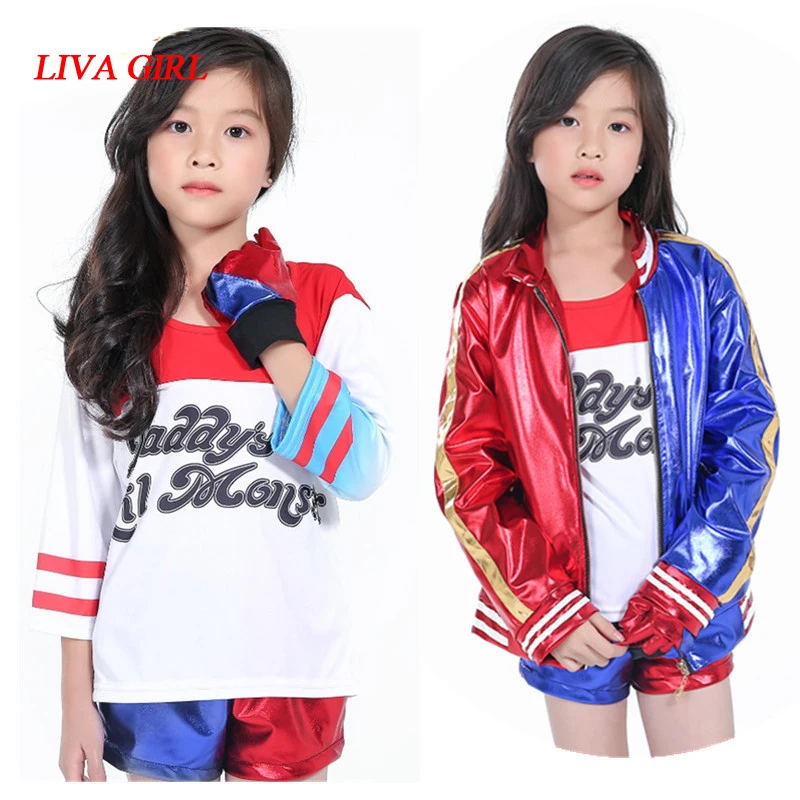 

2019 Harley Quinn 5 pcs Cosplay Costumes Kids Girls Purim Coats Femme Jacket Chamarras De Batman Para Mujer Suit with Wig Gloves