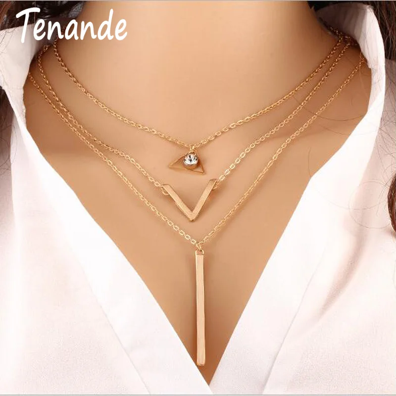 

Tenande Multi Layer Gold Color Statement V Clavicle Chain Necklaces Crystal Geometric Triangle Necklaces & Pendants for Women