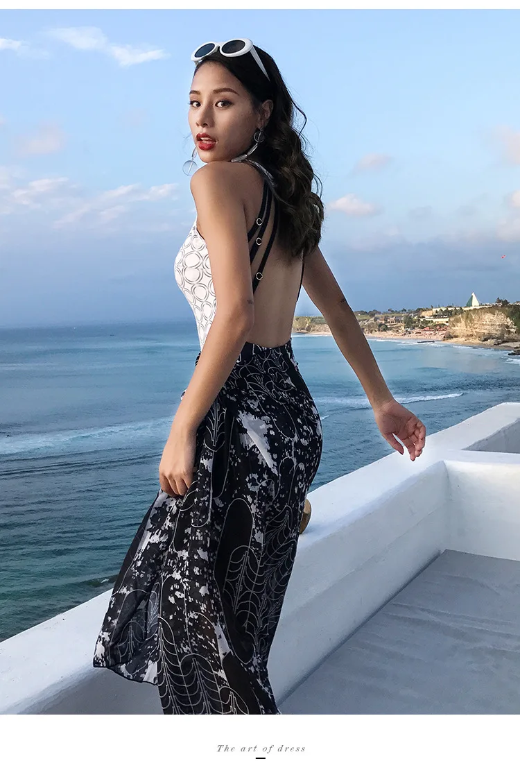 Women's Sexy High Neck Backless Floral Printed Swimsuit One-Piece Bikini Sets With Beach Cover Up Bandage Beach Wear