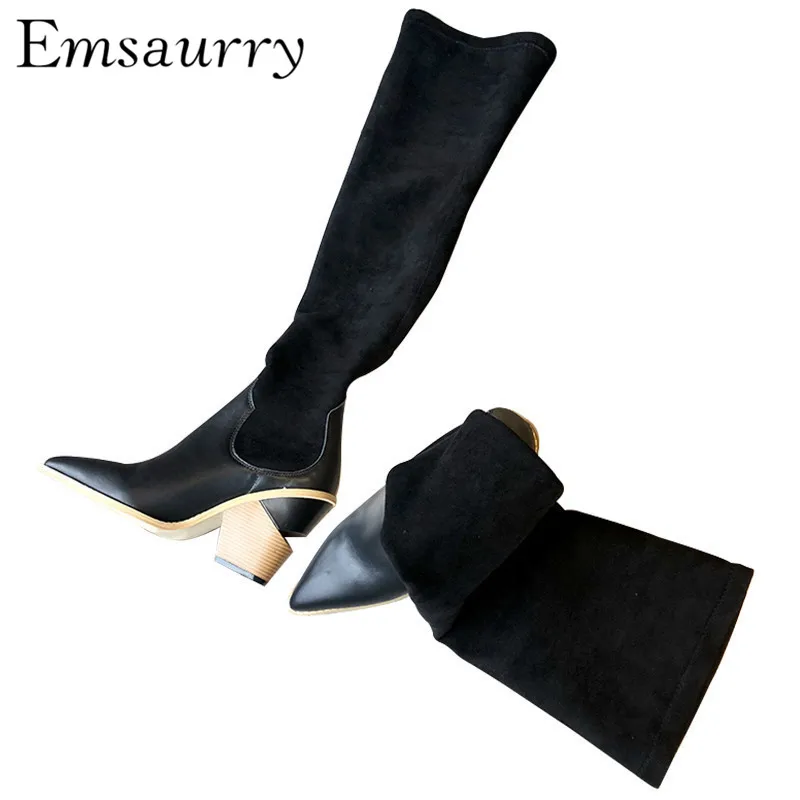 

Fashion Wedges Over The Knee Boots Genuine Leather Suede Patchwork Sexy Pointed Toe Slim Runway Botas Mujer