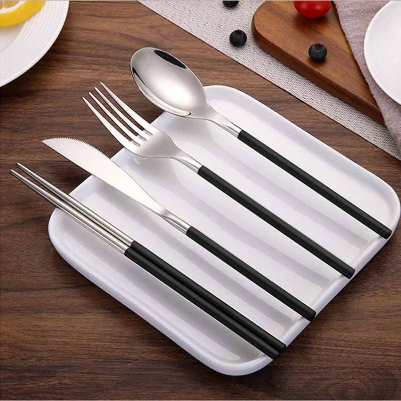 Black Cutlery Stainless Steel Western Food Luxury Tableware Sets Knives Fork Steak Knife Tablespoon Chopstick Dinnerware Set