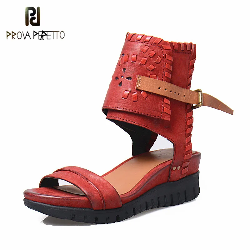 

Prova Perfetto Leisure Style Open Toe Genuine Leather Thick Heel Soft Sole Woman's Sandals Back Buckle Strap Wedge Shoes
