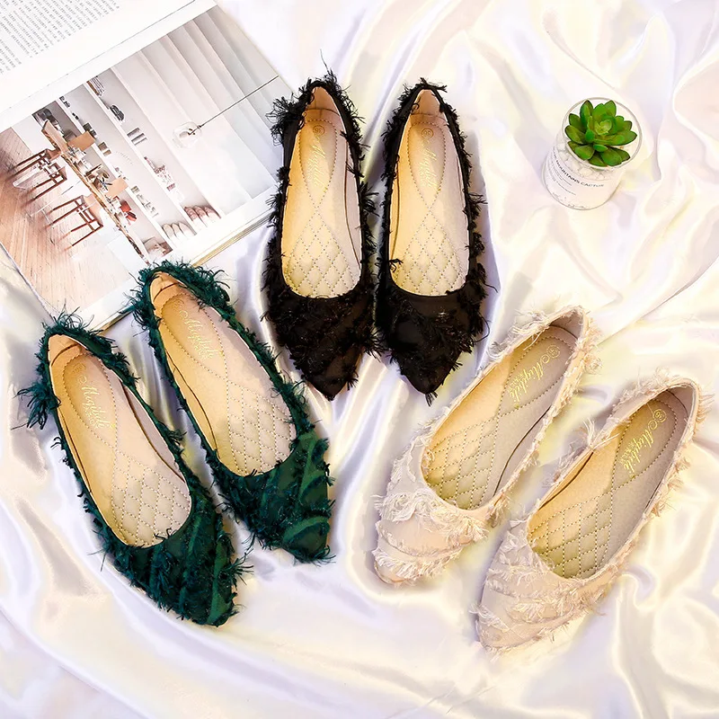

Ballet Flat Shoes Women Fringe Loafers Slip on Slides Comfortable Pointed Toe Shoes Big Size Flats Shoes Black Apricot Green