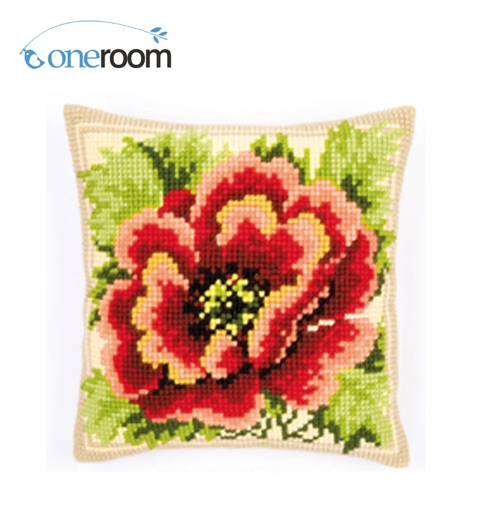 Red Flowers Diy Kit Unfinished Acrylic Yarn Embroidery Pillow Tapestry