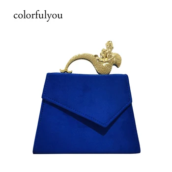 

NEW arrived women handbag vintage Mermaid Metal Handle shoulder bag for ladies blue small tote bag Velvet Evening party Bag