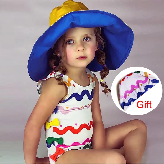 Good Rainbow Wave Stripe Kids Swimwear bow tie one piece swimsuit girls