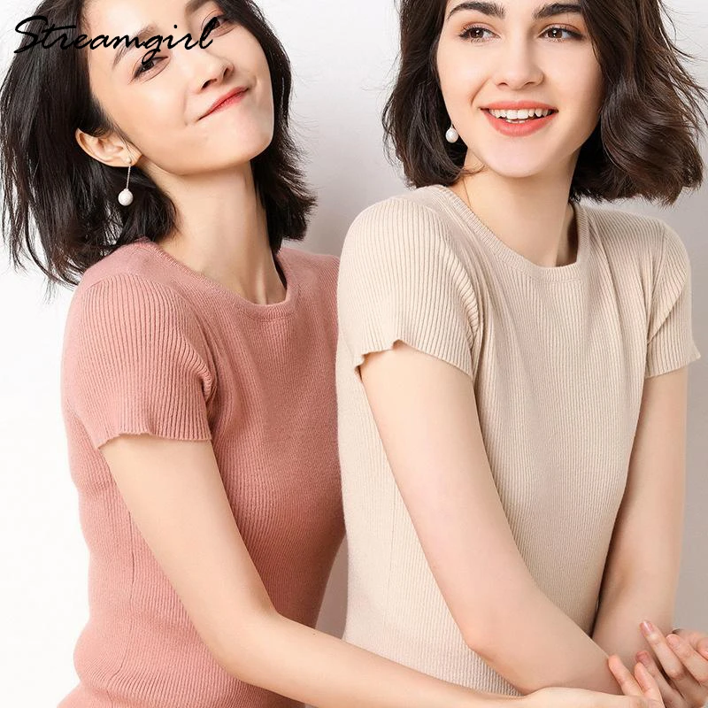 Streamgirl تي شيرت المرأة الصيف بلايز عالية الجودة الكورية نمط المحملة قميص فام 2019 محبوك الأبيض تي شيرت قصيرة الأكمام المرأة