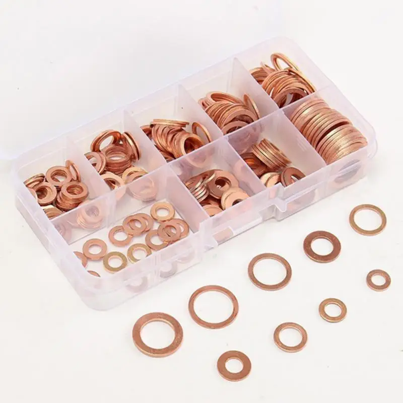 

200pcs/pack Copper Washer Gasket Nut and Bolt Set Flat Ring Seal Assortment Kit with box M5-M14 Electrical Woodworking Washers