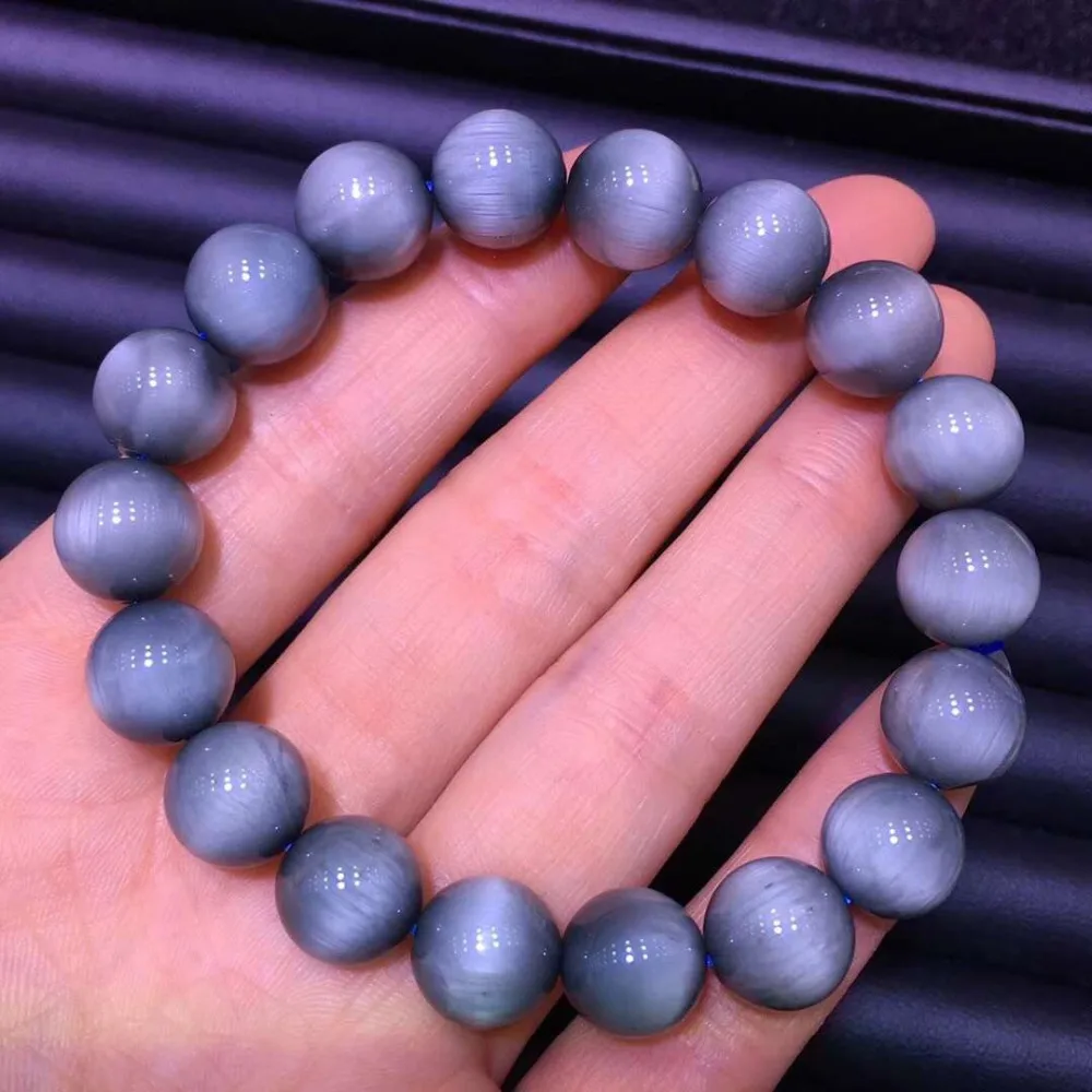 

11mm Genuine Natural Blue Rutilated Quartz Crystal Bracelet Brazil Round Beads Gemstone For Woman Lady Gift Cat Eye Bracelets
