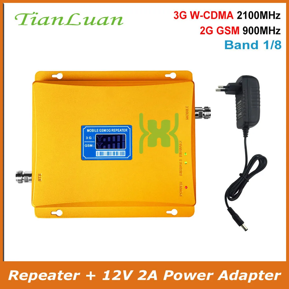 TianLuan Mobile Phone Signal Booster 3G 2G Repeater GSM 900MHz 2100MHz WCDMA UMTS HSAP Cellular Amplifier Band 1 8 with Power