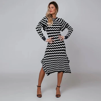 

2019 New Elegant Women Jacquard Black Striped Patchwork Long Sleeve Mid-Calf Bandage Dress Vestidos Celebrity party Wholesale