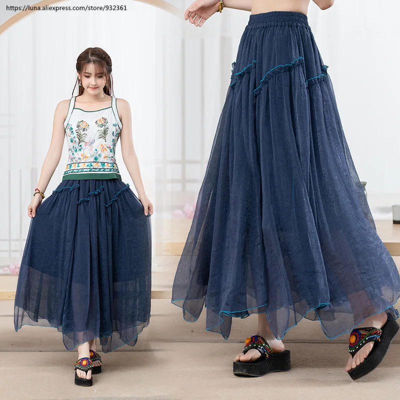 

Womens retro Two layer asymmetrical Chiffon Skirts boho women Summer Long Skirt blue jupes faldas mujer 2968
