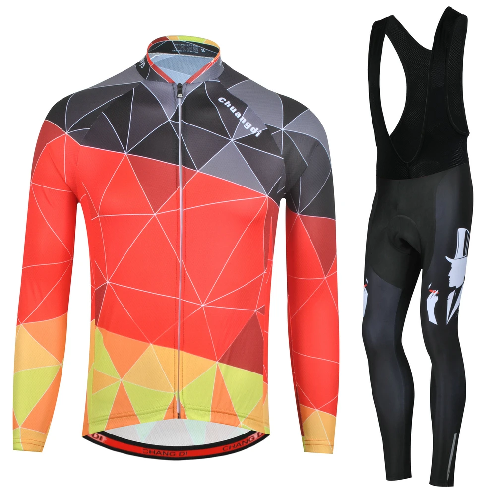 CHUANGDI Men Breathable Thermal Ciclismo Set Full Sleeve Fleece Jersey Silicone Pad Bib Pants