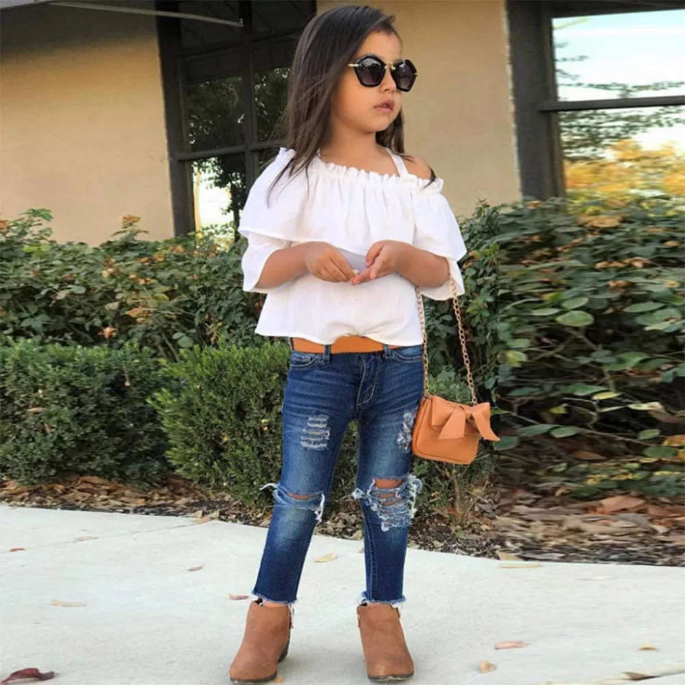 

New Fashion Baby Kids Girls Clothing Toddler Girl Clothes Baby Girls Outfits Off Shoulder T-shirt Tops+Denim Pants Jeans Set
