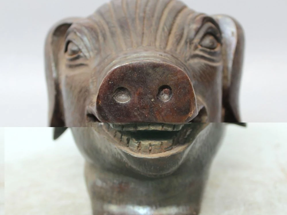 

7" Chinese FengShui Folk Bronze Zodiac Year Animal Pig Hog Head Sculpture