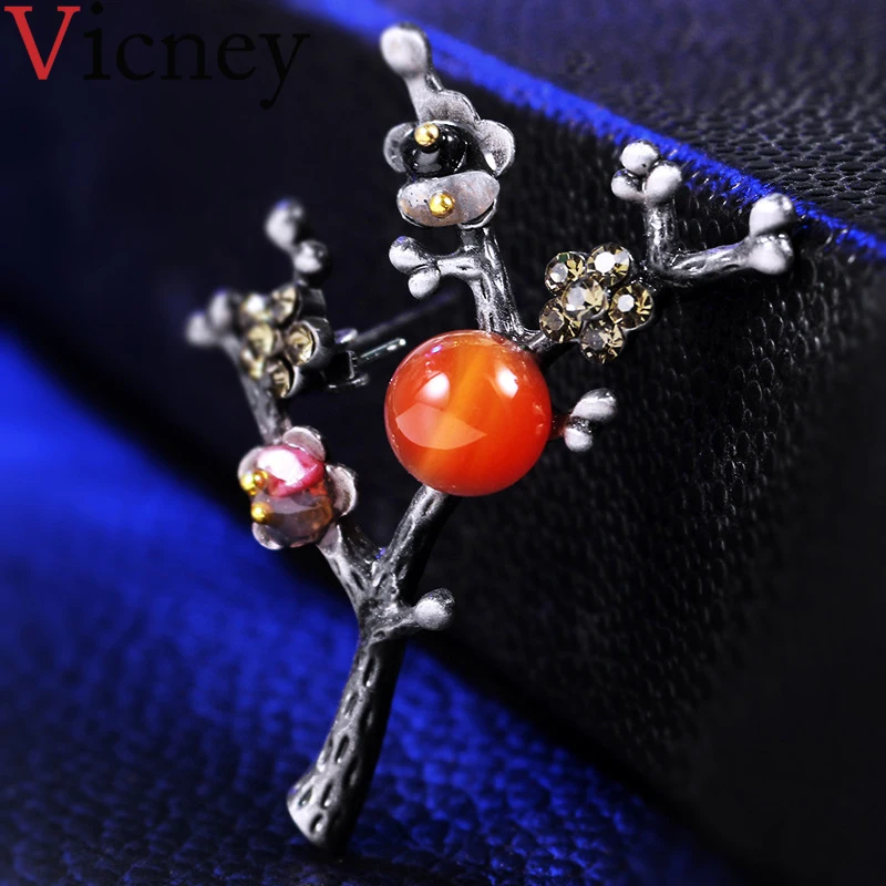 

Vicney 2019 New Plum tree Branch Brooch Pins Brooches for Women Antique Silver Plant Flower Brooch Natural Stone Clothes Jewelry
