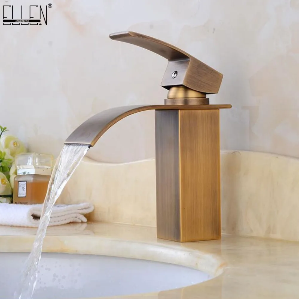 Square Bathroom Faucet Antique Bronze Deck Mounted Waterfall Hot Cold Water Crane Single Hole Single Handle Faucets ELF503B