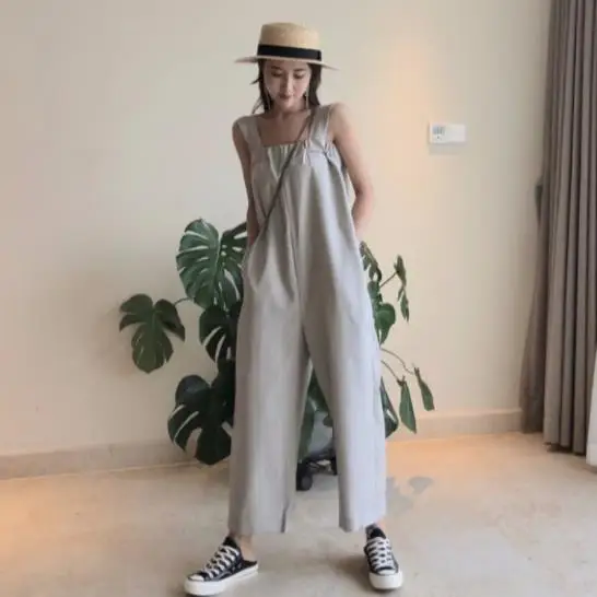 

Womens Rompers and Jumpsuits Chiffon Spaghetti Strap Wide Leg Long Pants Cami Straight Loose Pockets Beach Romper AE78