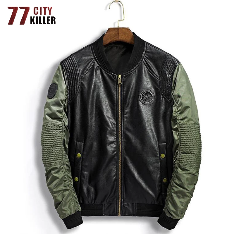 Patchwork Bomber Jacket Men Streetwear Pu Leather Jackets Male Casual Pilot Air Force Military Baseball Jacket jaqueta masculino