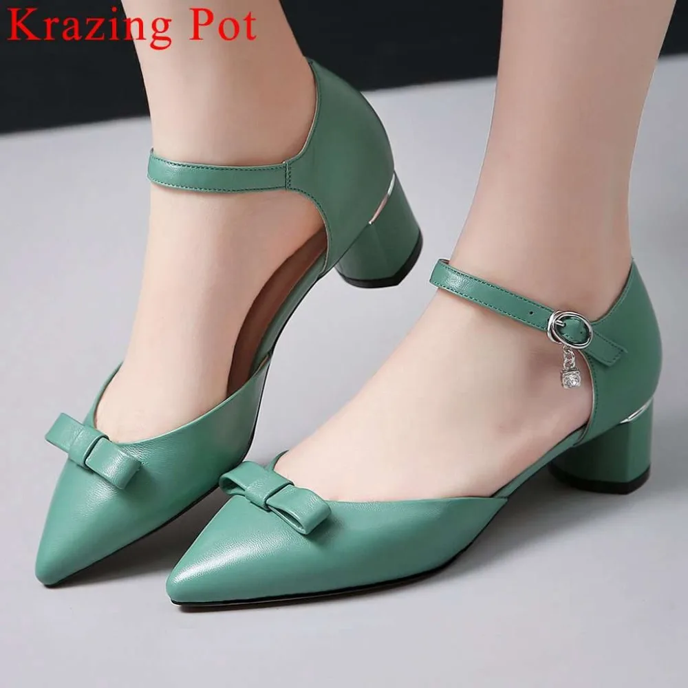 

Krazing Pot office lady chunky heels pointed toe butterfly-knot decoration buckle strap natural leather party hollow pumps L5f3
