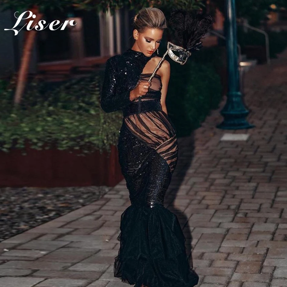 

Liser 2019 New Summer Women Dress Turtleneck Ruffles Sequined Dress Sexy Bodycon Elegant Celebrity Party Black Dresses Vestidos
