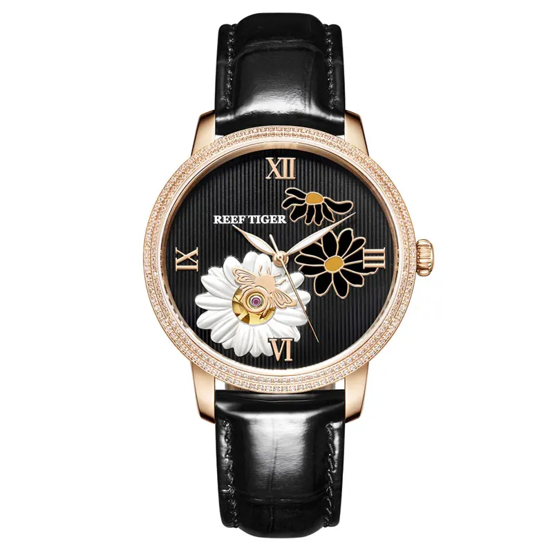 Reef Tiger/RT женские модные часы Топ брендовые Роскошные автоматические часы женские часы с ремешком из натуральной кожи Relogio Feminino RGA1585 - Цвет: RGA1585-PBB