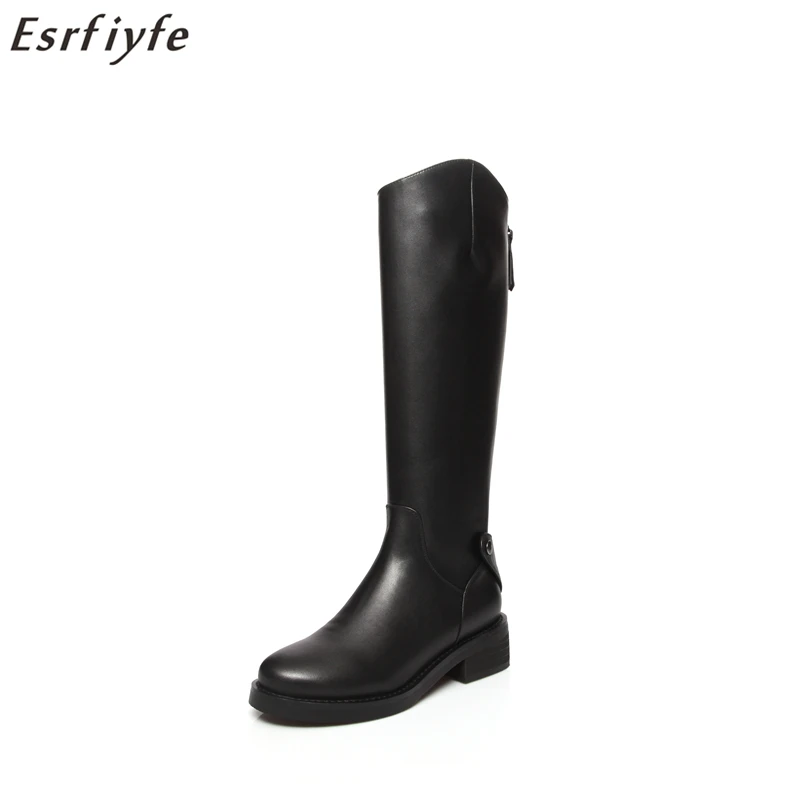 

ESRFIYFE Brand Design Fashion Women Winter Motorcycle Boots Genuine Leather Knee-high Square Heels Back Zipper Women Long Boots