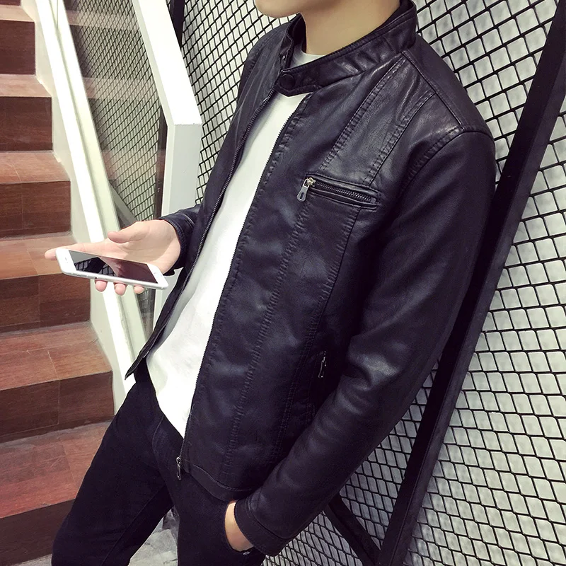 

2019 New Fashion Spring Autumn Male Leather Jacket Plus Size 3XL Black Brown Mens Stand Collar Coats Leather Biker Jackets 156