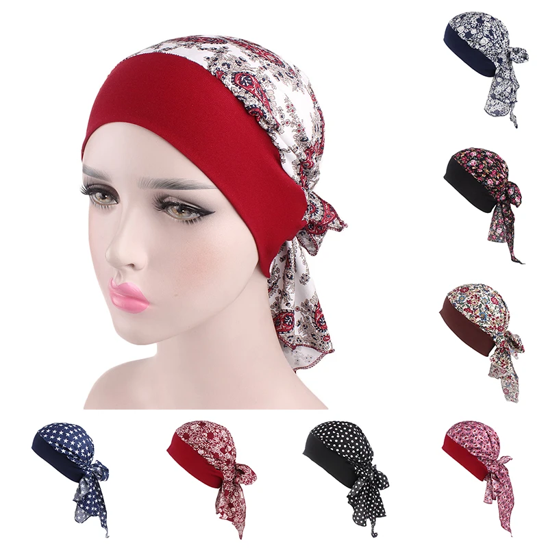 Women Muslim Durags Printed Chemo Caps Bandanas Turban Long Tail