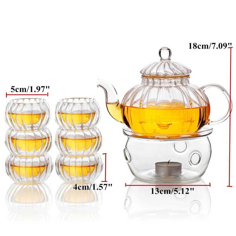 Arshen, набор чайной посуды в форме тыквы, Термостойкое стекло, 600 мл, набор чайников, заварочный чайник с грелкой и 6 чайных чашек с двойными стенками