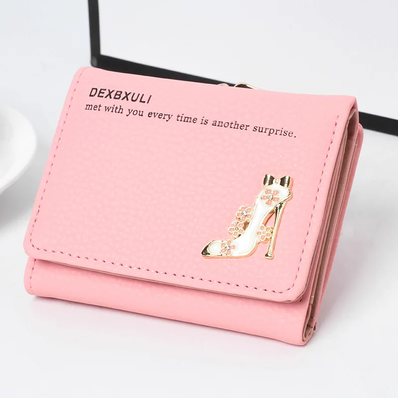 

New Ladies Short Wallet Fashion Metal High Heels Multi-function 3 Fold Card Package Letter Printing Student Bag Coin Purse Women