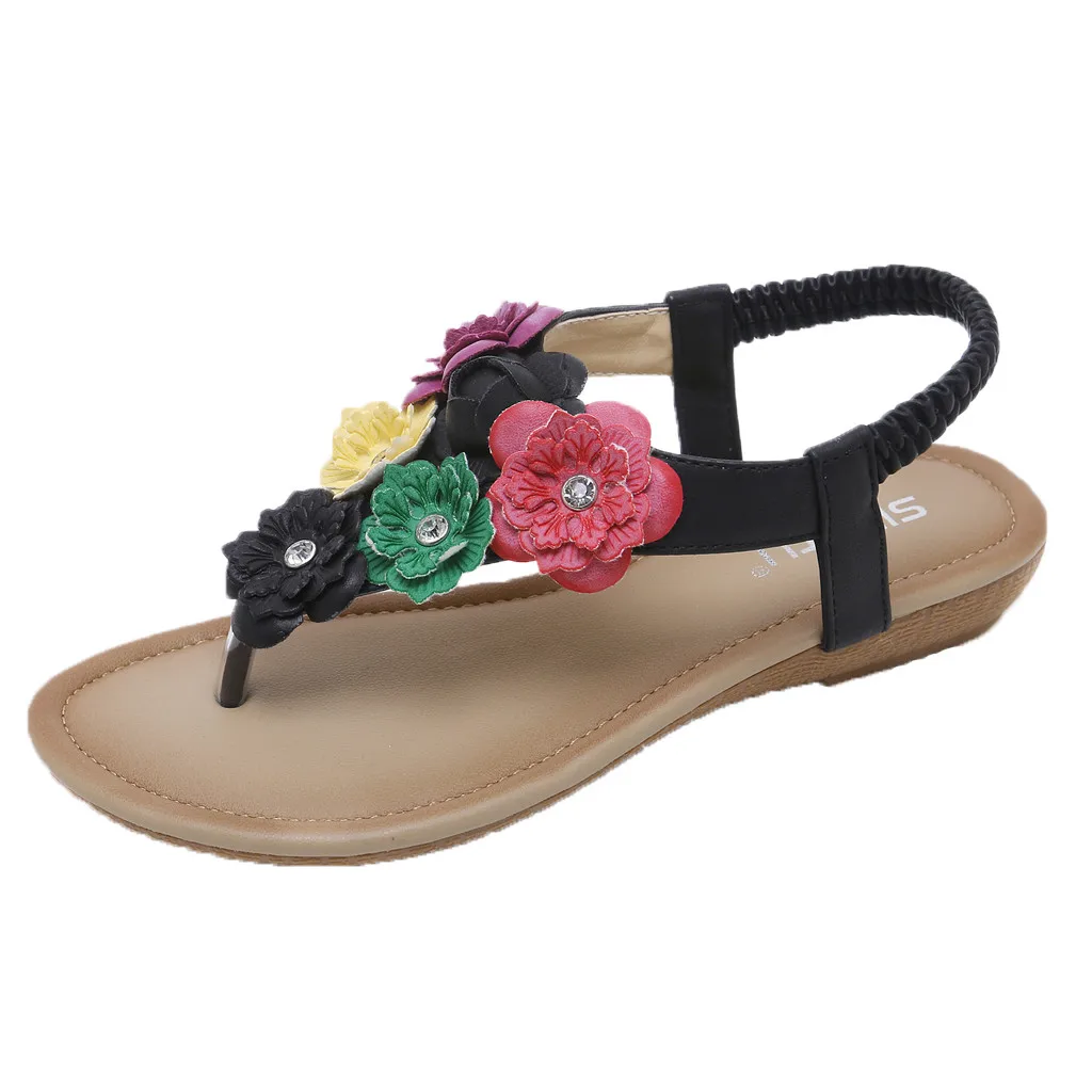 Black Сандалии на платформе; zapatos de mujer; Этнические женские сандалии; модная удобная Пляжная обувь в богемном стиле с цветами Без каблука; sandalias 9,829 - Цвет: Black