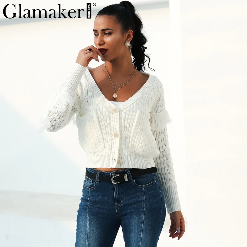 Glamaker White shrug tassel fringe summer sweater Women v neck knitted long sleeve cardigan Oversize button sweater female new