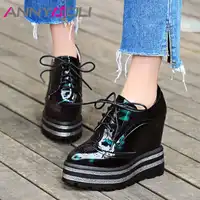 ANNYMOLI Women Pumps Platform Wedge Heels Designer Shoes Extreme High Heel Lace Up Pumps 2018 Spring Female Shoes Big Size 33-42