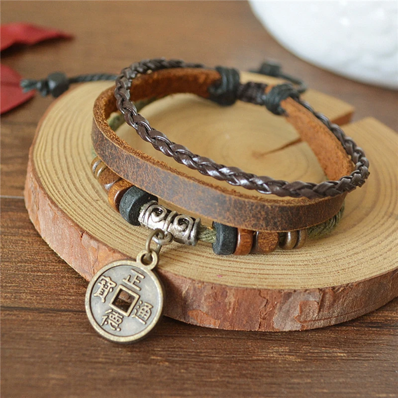 

8SEASONS Fashion Jewelry Brown Multi-layer Braided Vintage Leather Rope Bracelet Wood Beads Simulated Ancient Chinese Coins Char