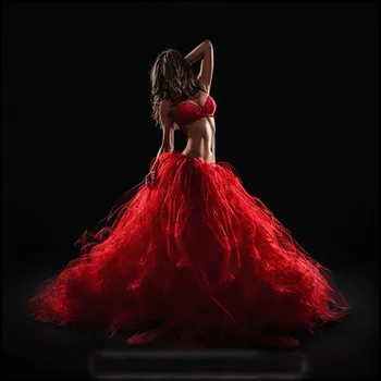 

Red Ball Gown Tulle Skirts Ruffles Floor Length Indian Dancer Skirts Custom Made Plus Size Formal Party Skirts For Women