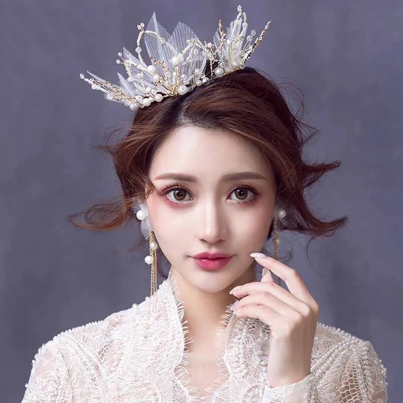 

Elegant Bride Pearl Princess Tiara Round Crown Diadem and Earrings Set Wedding Hair Ornaments Baroque Headband Bridal headpiece
