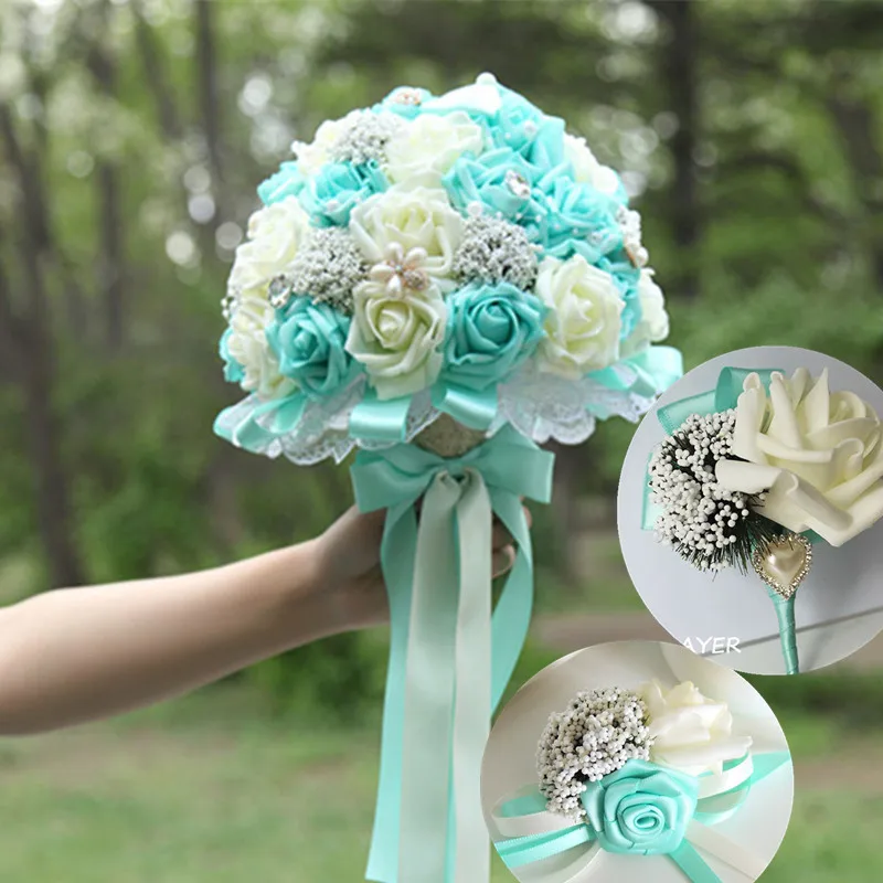 handmade tiffany blue wedding bouquets PE rose bride bouquet tiffany
