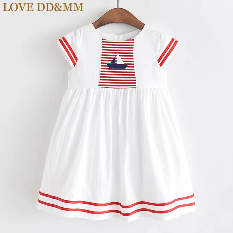 Платья для девочек с надписью «LOVE DD& MM» Новинка года, летняя детская одежда простое милое Хлопковое платье в полоску с круглым вырезом и принтом парусника для девочек